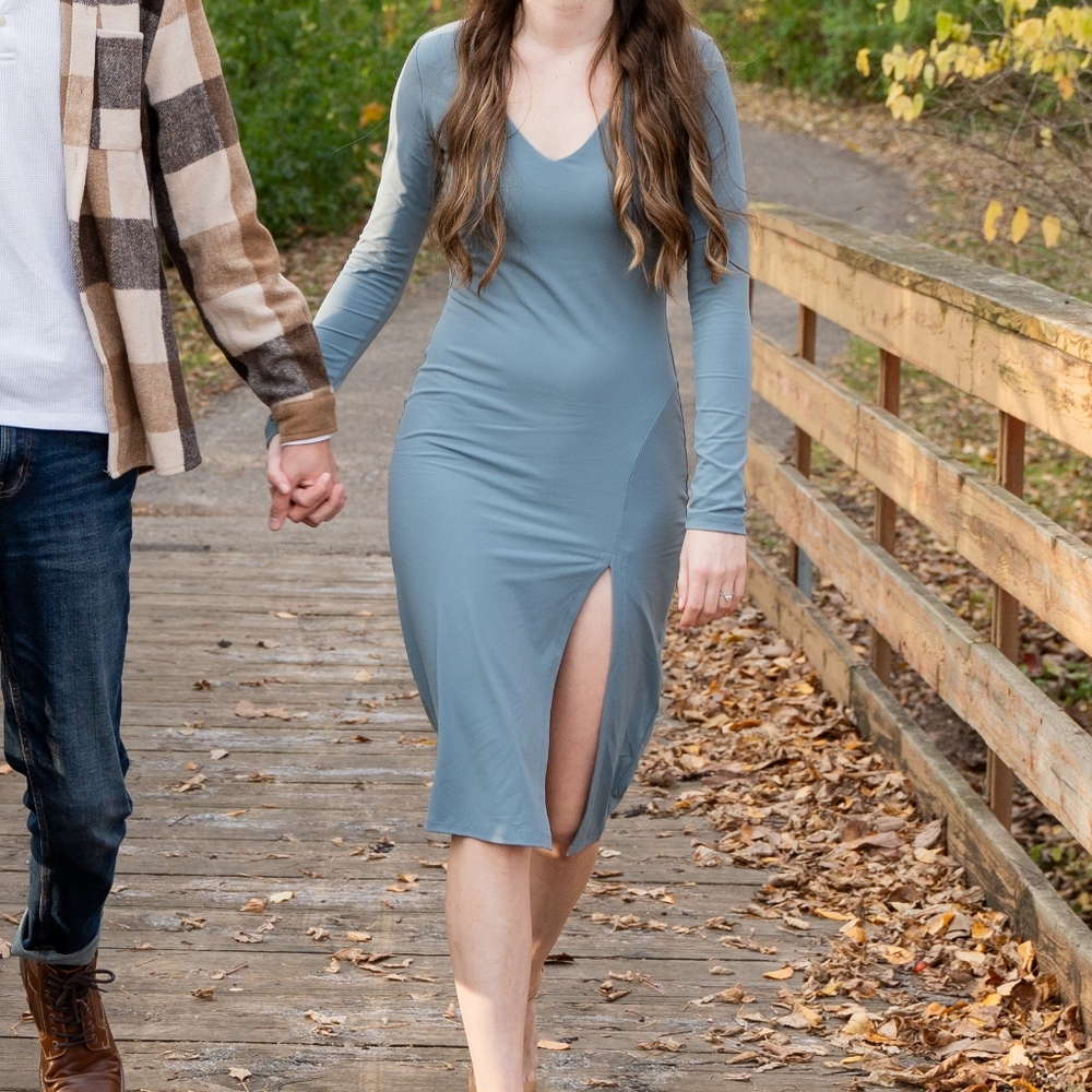 Susana Monaco Graphite Long Sleeve V Neck Bodycon Dress with Slit